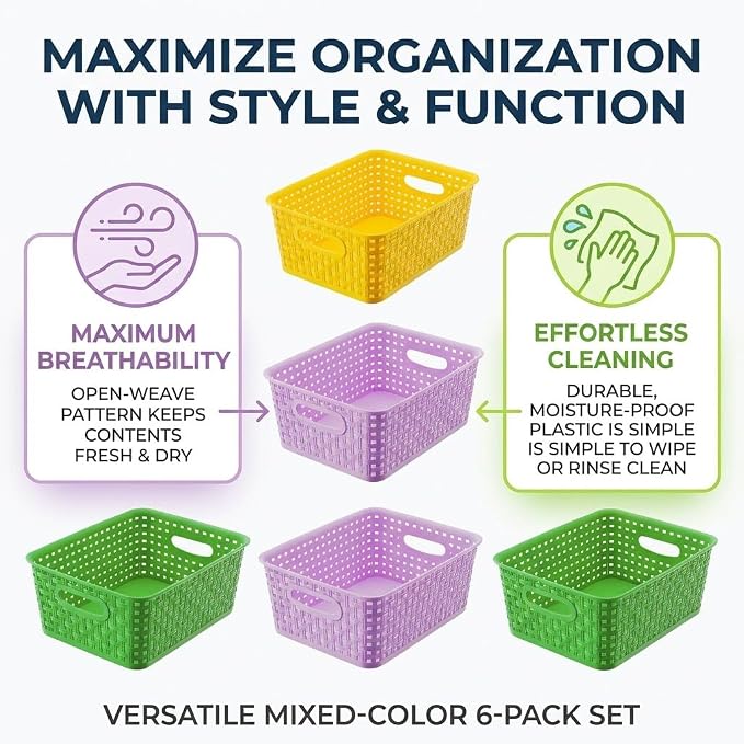 6-Pack Small Baskets, Plastic Open Storage Weave Basket Versatile Shelf Organizer Woven Baskets for Home and Pantries, Green/Purple/Yellow, 10x7.5x4 inch