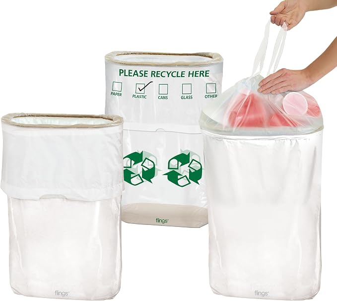 Party City Flings Plastic Bin (3-Pack) - White (2) and Recycle (1) - 22 x 15 - Stylish & Convenient Portable Waste Solution for Events & Parties