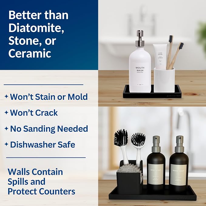 Spacewiser Countertop & Vanity Silicone Tray – 2 PC (11.7" & 7.7") Set | Bathroom Tray & Kitchen Soap Tray Set, Bathroom Counter Tray, Kitchen Sink Dish Soap Tray for Countertop Organization