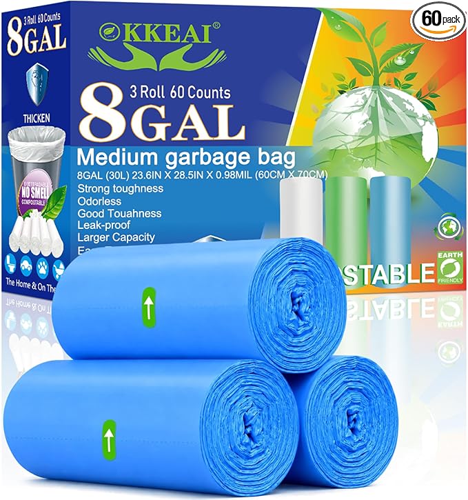 OKKEAI 8 Gallon Kitchen Trash Bags, 30L Blue Garbage Bags, 60 Count | Strong and Tear-Resistant Trash Bags for Kitchen Bins, Fits Most 7-10 Gallon Cans