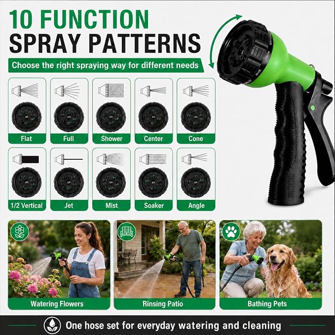 50FT Non-Expandable Flat Garden Hose with 10 Function Nozzle,No-Kink,Black | Lightweight Flat Water Pipe for Women & Seniors,Easy Storage Hose for RV, Patio, Small Backyard, Car Wash & Everyday Watering