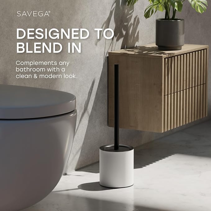 Toilet Bowl Brush and Enclosed Holder Set – White | Freestanding toilet brush set with durable steel holder and integrated splash guard lid in clean matte white
