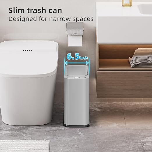 3.5 Gal Bathroom Trash Can with lid, Small Slim Kitchen Garbage Can,Gray | Plastic Office Waste Bin, Wastebasket for Narrow Space