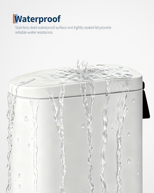 Garvee 2.6 gal / 10 L Metal Bathroom Trash Can with Lid, Slim Waterproof Garbage Can for Bedroom, Small Step-on Trash Bin with Inner Bucket, Rear Handle, Soft Close Lid, White