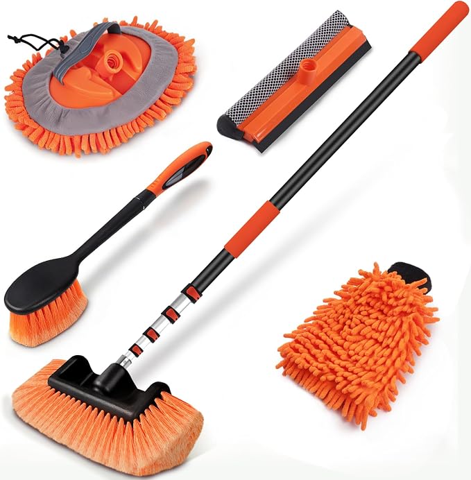 18 FT Reach Car Wash Brush with Long Handle, Car Cleaning Kit | with 3-12FT Extension Pole, Soft Bristle Brush, Chenille Cleaning Mop & Mitt, Window Squeegee, Wheel Brush for RV, Truck