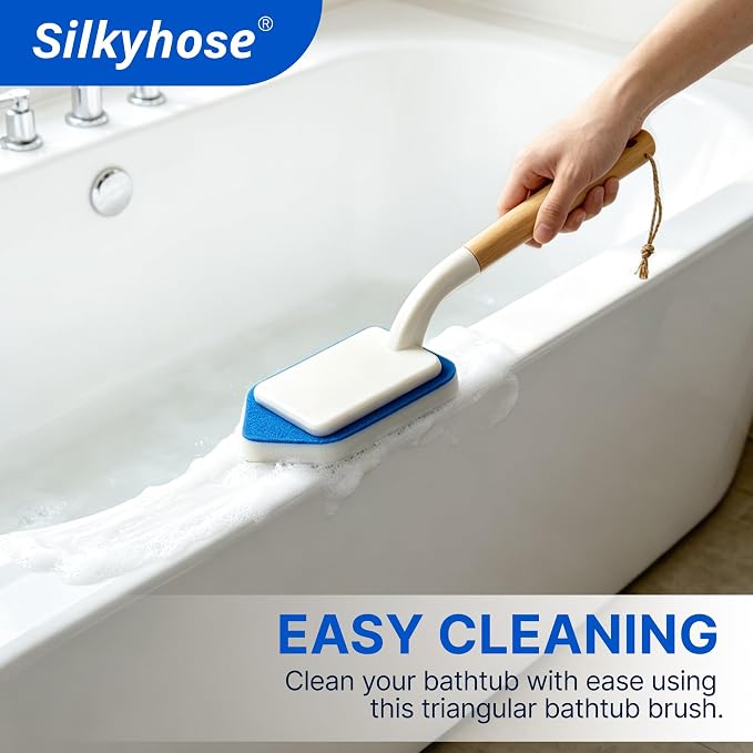 Silkyhose 2Pcs Tub Tile Scrub Brush,10 Melamine Sponge Replacement Heads | Non-Scratch. Versatile & Durable. Household Cleaner with Wooden Handle. Erasers for Grout, Sink & Shower Walls
