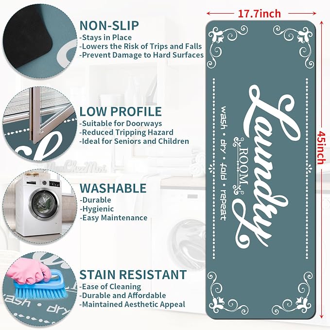 XLHOMO Non Slip Laundry Mats, 17.7"x45" Teal Laundry Rug Runner, Farmhouse Washable Laundry Room Floor Mat for Laundry Room, Mudroom, Kitchen, Washroom, Bathroom, Hallway Entryway Carpet Decor