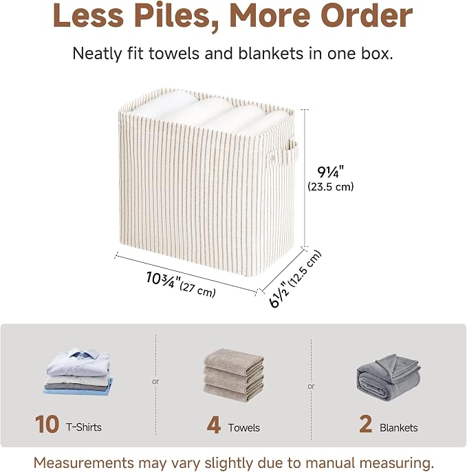 StorageWorks Narrow Storage Bins, Tall Storage Basket, 2-Pack | Khaki and Beige Stripes, Reinforced Handles, Sturdy Structure, For Bathroom, Closet, Shelf, Storage Makeup, Socks, Underwear