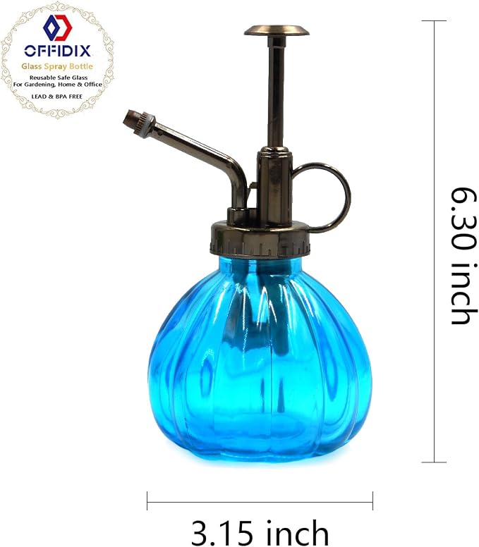 OFFIDIX Glass Spray Bottle Blue Plant Mister Vintage Pumpkin Water Can6.7oz | Spritzer Bronze Plastic Top Pump, 6.3" Tall, 200ml One Hand Small Watering Can Mister for Plants, Fine Mist Spray Bottle