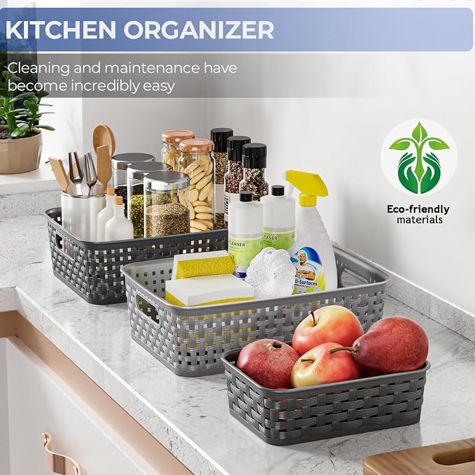 3 Pack Small Plastic Basket, Storage Bin Baskets for Organizing, Pantry Organizer Household Wicker Storage for Laundry Room, Bedrooms, Kitchens, Cabinets, Countertops, Dark Gray | Pantry Organizer, Household, Wicker Storage, for Laundry Room, Bedrooms,...