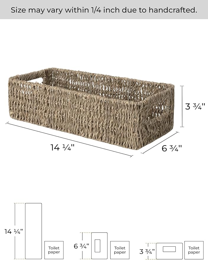 StorageWorks Seagrass Baskets with Built-in Handles, Bathroom Decor Box for Toilet Tank Top, 14 ¼"L x 6 ½"W x 3 ¾"H (Pack of 2)