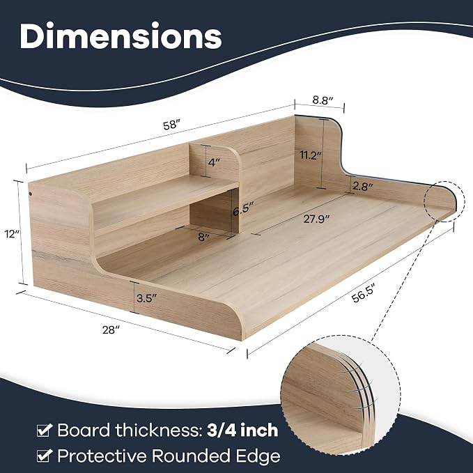 Washer Dryer Countertop 2 Tier 58 inches Wide, Laundry Shelf Topper with Edge, 58" W x 28" D x 12" H Laundry Space Organizer, Oak(Grey Tone)