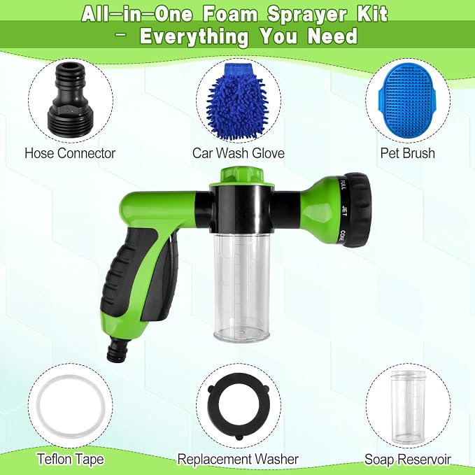 Dog Wash Hose Attachment with Soap Dispenser, 8 Spray Patterns | ABS Nozzle, TPR-Coated Grip, with 100cc Soap Dispenser, Car Wash Glove, Pet Brush, Quick Connector & Tape, for Car Wash & Dog