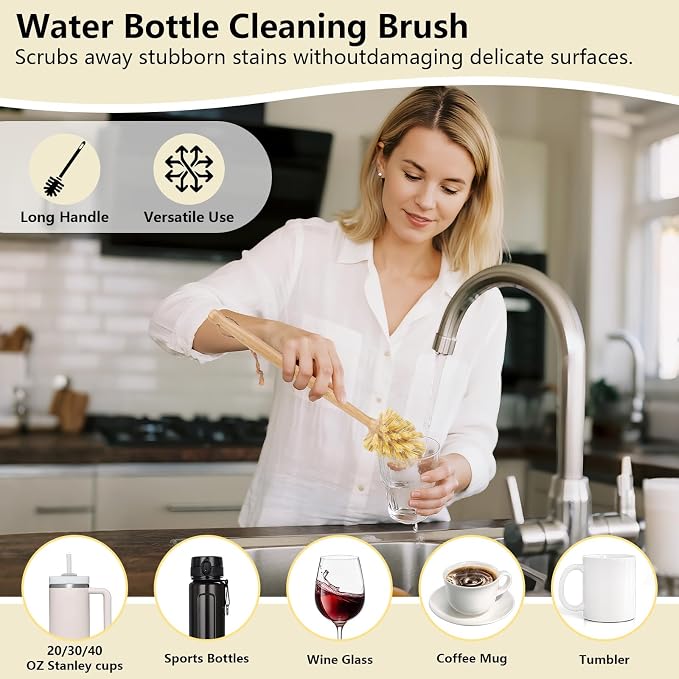 BOMUMVITA 5 Pack Bamboo Dish Brush Set with 14’’ Bottle Brush | Wooden Dish Brush with Natural Sisal & Palm Fiber, Natural Kitchen Scrub Brush for Dishes Pots, Pans, Sinks, Woks, Vegetables