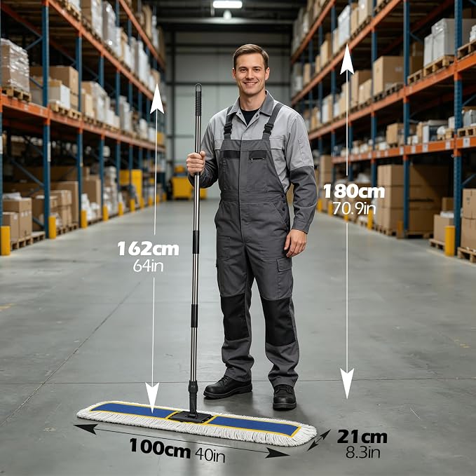 40" Commercial Dust Mop for Floor Cleaning, Heavy Duty Industrial Mop | Large Flat Mop with 64" Long Handle, Push Mop with 2 Mops Pads, for Hardwood, Tile, Gym, Office, Mall, Warehouse