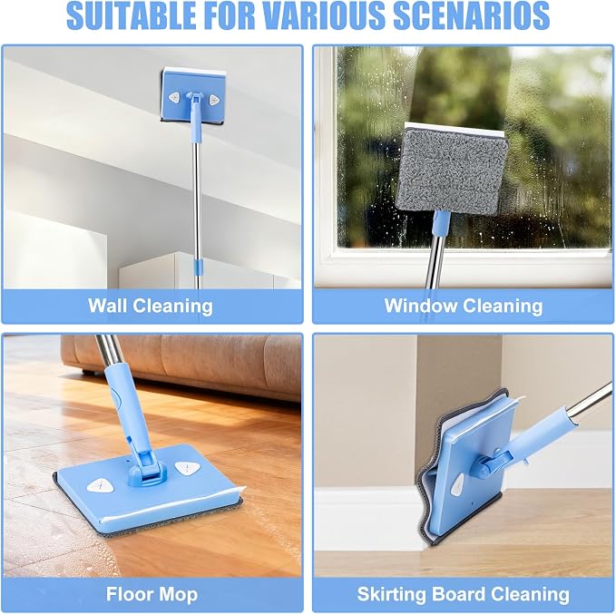 CALBEAU Baseboard Cleaner Tool with Handle, Wall Mop with Squeegee, 8 Pads | 86" Extension Pole, Swivel & Foldable Head, 8 Reusable Pads for Baseboard, Wall, Ceiling, Window, Floor, Light Blue