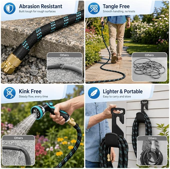 100ft Heavy Duty Garden Hose with Alloy Nozzle & Solid Brass Connectors – Lightweight, No-Kink Flexible Water Hose, 96-Spindle High-Density Weave, 12 Bar Non-Expandable TPE Core for Outdoor Yard