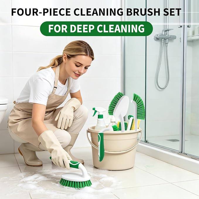 Scrub Brush Set of 4 Pack, Heavy Duty Shower Cleaning Brush Set, Green | with Non-Slip Handle Scrubber Brush Ergonomic Design Cleaning Scrub Brush Set for Household Use, Shower, Floor, Tub, Kitchen