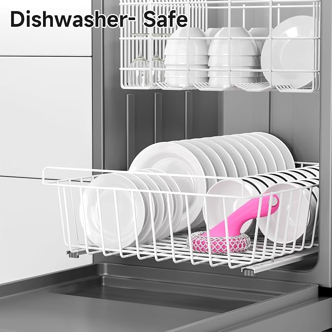 SUBEKYU Cast Iron Scrubber with Silicone Handle, Stainless Steel Skillet Cleaner for Cast Iron Pans (Pink Scrubber + Scraper)
