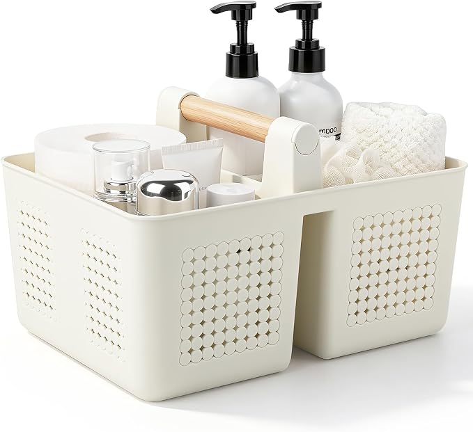 Portable Shower Caddy Basket Plastic Caddy Organizer with Handle Beige | Sturdy Drainage Large Capacity Cleaning Supplies Caddy Tool Storage for Bathroom Kitchen Bedroom College Dorm Essentials