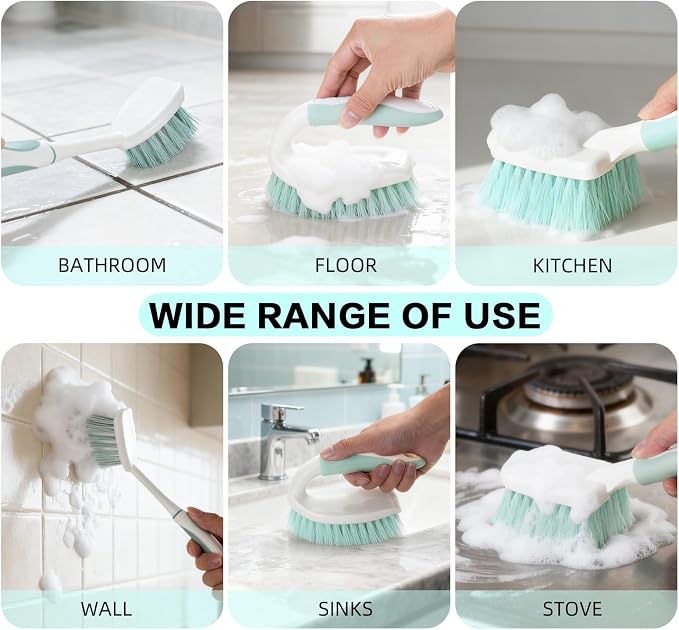 3 Pack Bathroom Scrub Brush Set, Heavy-Duty Scrub Brushes for Cleaning | Green Scrubbing Brush with Non-Slip Handle and Stiff Bristles for Cleaning Floor, Bathtub, Tub, Tile, Gap, Kitchen, Sink