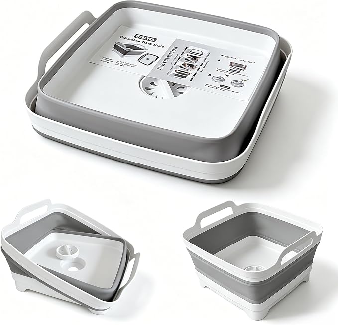 GIMWA Collapsible Wash Basin with Drain Plug - 2.4 Gallon Foldable Kitchen Sink for Baby Bottles, RV Camping, Space-Saving Dish Tub (Gray) | 2.4 Gal, Collapsible Dish Basin, Drain Plug, Kitchen Sink, Camping, RV, Space-Saving, Narrow Sink, Apartment, B...