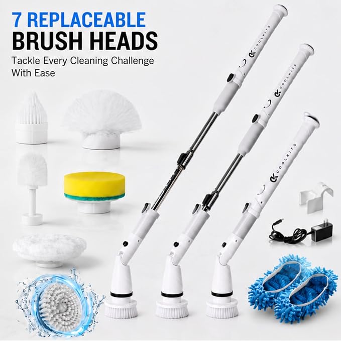 Electric Spin Scrubber, Full-Body IPX7 Waterproof Cordless Bathroom Scrubber, Adjustable Extension Handle, Shower Cleaner Brush for Bathtub Tile Grout Floor Wall, 4000mAh, 6 Brush Heads.