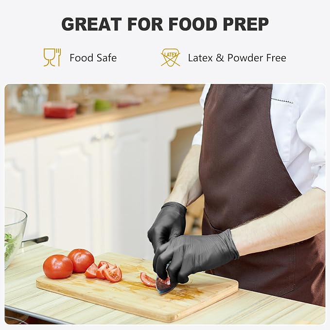 Black Vinyl Gloves, Food Grade Gloves Disposable Latex Free | Powder Free Guantes for Cleaning, Cooking, Food Prep