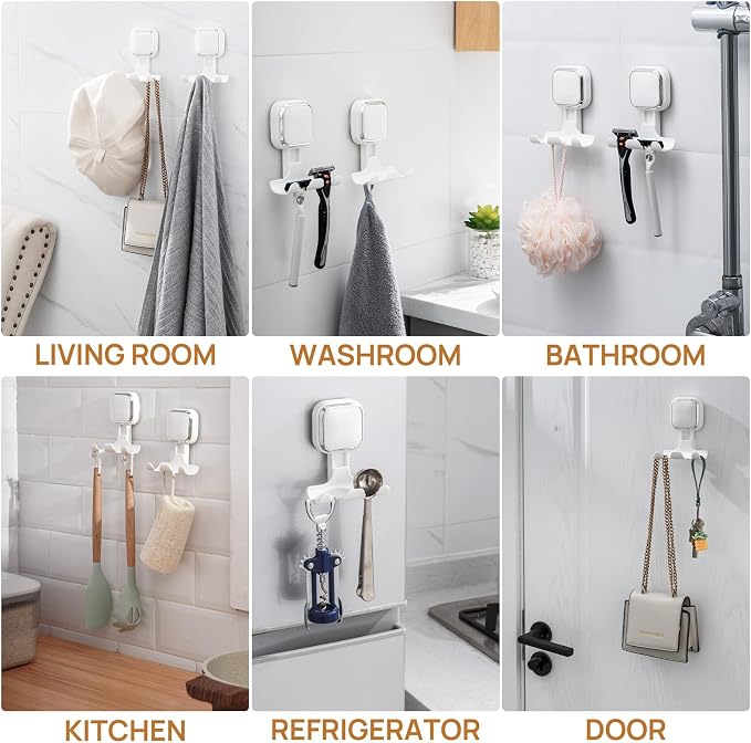 LEVERLOC 2 Pack Vacuum Suction Cup Razor Holder for Shower No Drill, White | Heavy Duty 11KG Shower Hooks for Towel, Loofah, Razor, Waterproof, Damage-Free Hanging Suction Cup, Easy to Install and Reuse