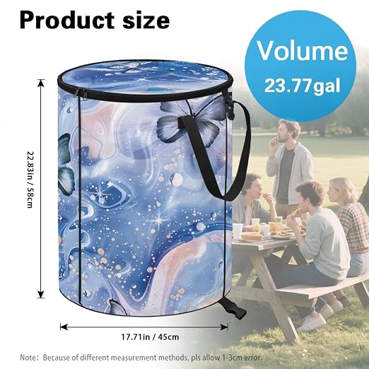 doginthehole Blue Marble Butterfly Collapsible Trash Can Pop Up Camper Trash Can with Lid, 22.83x17.71, Waterproof Bag Outdoor Garbage Bin Storage Accessories, 23 Gallons