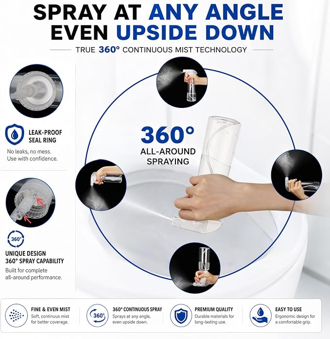2 Pack 360° Reverse Plastic Spray Bottles 10oz Empty Spray Bottle | Adjustable Nozzle, 310ml Fine Mist Spray Bottle for Hair, Cleaning Solutions, Cooking, Plant, Essential Oils, Clear