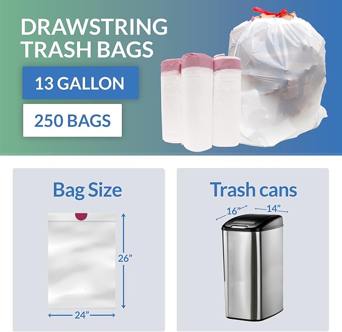 Reli. Drawstring Trash Bags 13 Gallon | 250 Count Bulk | Tall Kitchen Garbage Bags, White | 13-16 Gal w/ Drawstrings | Tear Resistant, Leak-Proof Disposal | Sized to Fit (24x26")