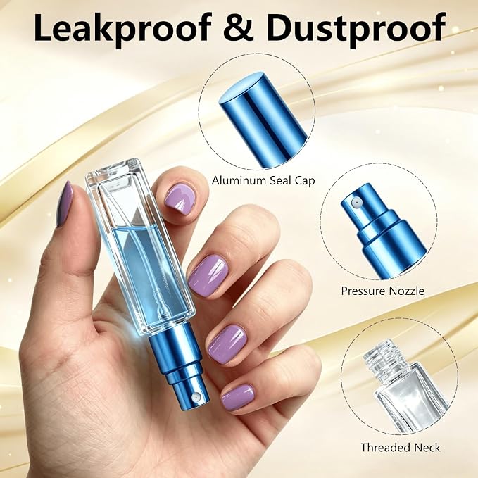 Perfume Travel Refillable, 6 Pcs 10 ml Glass Atomizers (Blue) | Leak-resistant fine mist spray, mini perfume bottle set with filling tools, portable for travel, gym, office and daily use