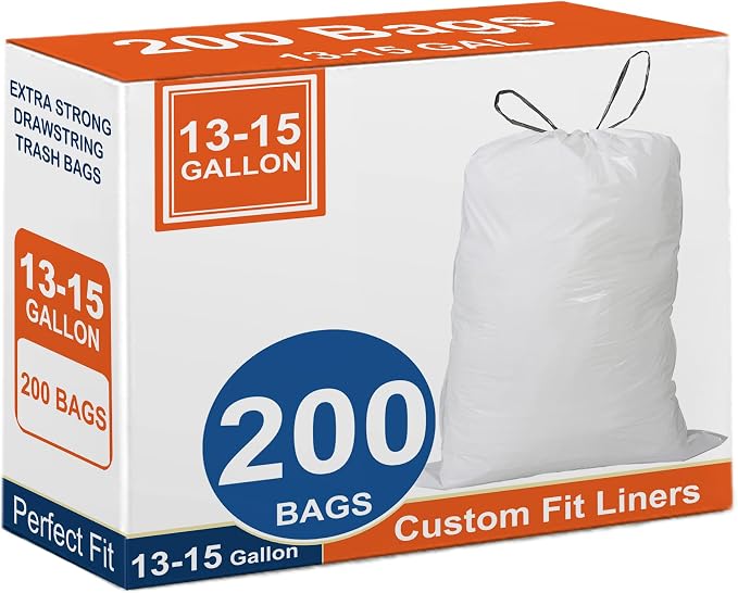 15-16 Gallon 200 Count Heavy Duty Trash Bags 1.2 Mil THICK with Reinforced Drawstring for 50-60 Liter Tear & Leak Resistant Garbage Liners Perfect Fit for 15 Gallon, 16 Gallon Trash Can GRAND SAVE!