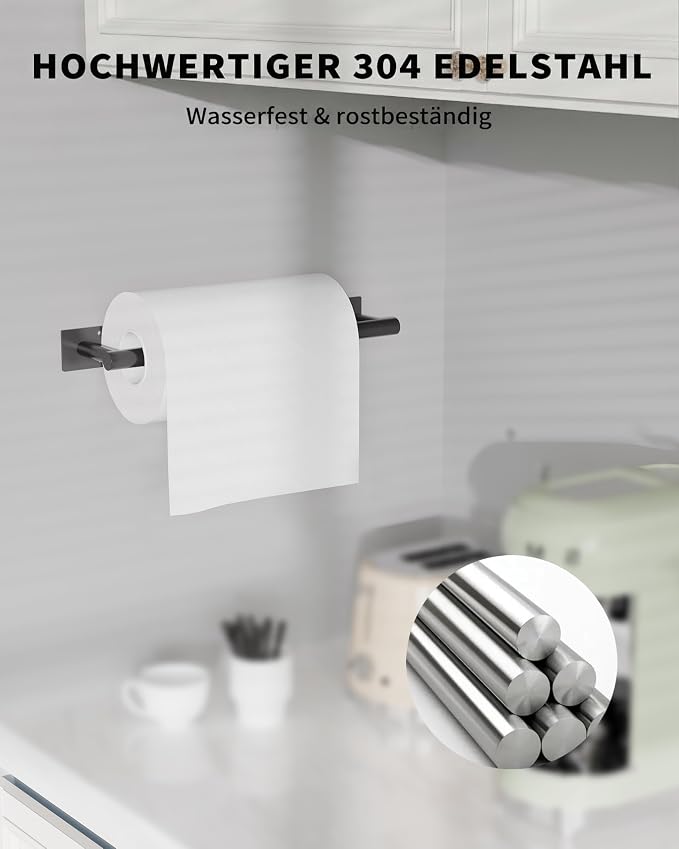 Black Paper Towel Holder Under Cabinet with Damping Self Adhesive | 304 Stainless Steel Post Pivoting Design Wall Mounted & No Drilling, Single Hand Operable for Kitchen Bathroom, Square Base