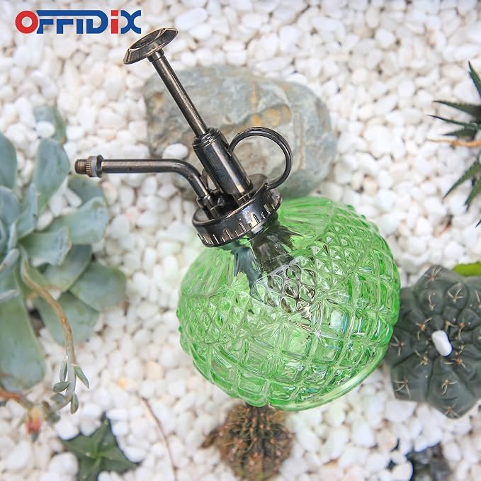 OFFIDIX Plant Mister, Green Glass Fine Mist Spray Bottle for Plants 10 oz | Glass Spray Bottles with Plastic Bronze Top Pump, Vintage 300ML Small Watering Can for Gardening, Cleaning Table Decorative