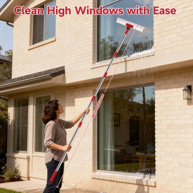 2‑in‑1 Professional Window Squeegee Kit, 86.6" 6‑Section Extension Pole Window Cleaner Tool with 4 Microfiber Cloths, for Indoor & Outdoor High Glass Window Washing