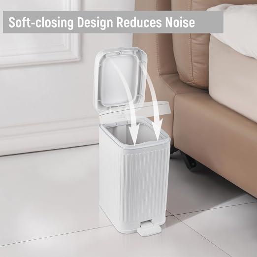 Small Bathroom Trash Can with Lid, 1.9 Gallon Slim Soft Close Step, White | Garbage Can with Pedal for Office, Bedroom, Kitchen & Living Room, Narrow Plastic Wastebasket Container for Small Spaces