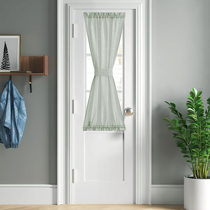 NICETOWN Sage Green Linen Door Curtain 50 inches Long for Half Window | Light Filtering, Rod Pocket with Tieback, Farmhouse French Door Shade for Front Back Window Cover, 1 Panel, Off White