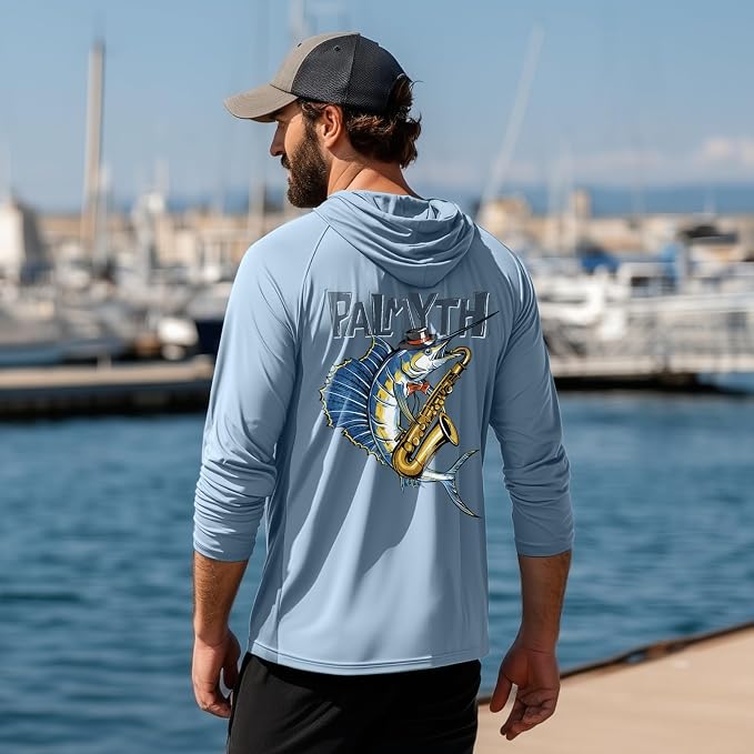 Palmyth Men's Fishing Hoodie UPF 50+ Long Sleeve with Face Mask Neck Gaiter | Zipper Pocket, Thumb Loops, Quick-Dry, Side Mesh Panels, Lens Cleaning Cloth