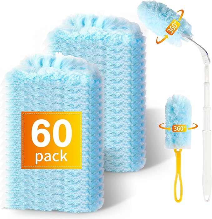 60ct Duster Refills for Swiffer Duster with 3ft Extension Pole & Short Grip | Heavy Duty 360° Disposable Dusters, Multi Surface Dusters for Cleaning Ceiling Fans, Furniture, Blinds & Hard-to-Reach Areas
