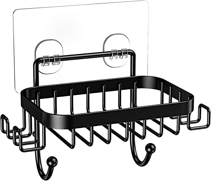 ODesign Bar Ssoap Holder for Shower Stainless Steel with 6 Hooks-Black | Loofah, sponge, and razor holder, adhesive wall-mounted, no drilling, removable for cleaning, for kitchens and bathrooms