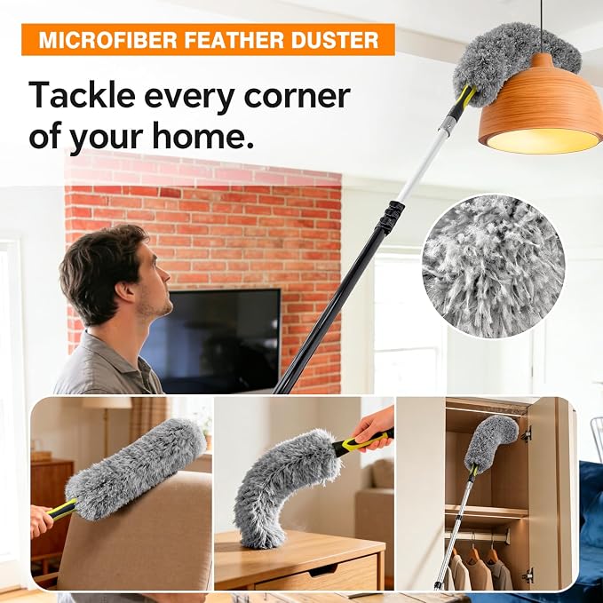 5-in-1 4-12Ft 4-Stage Telescoping Extension Pole Kit for Cleaning | Feather Dusters with Bristles for Outdoor Indoor, 4-Stage Spider Web Remover with Telescopic Pole for Ceiling Wall Yellow