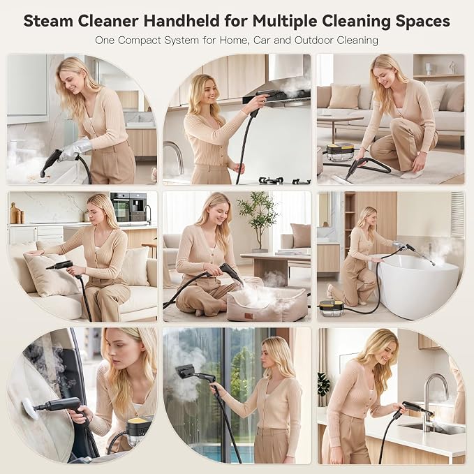 Gautye Steam Cleaner, 15s Heat Up, 1.69 Quarts Tank with 15 Accessories | 3 Level Adjustable Handle, Foldable Handle, 1700W, Portable Steam Cleaner for Home, Kitchen, Tile, Floor, Grout, Car Cleaning