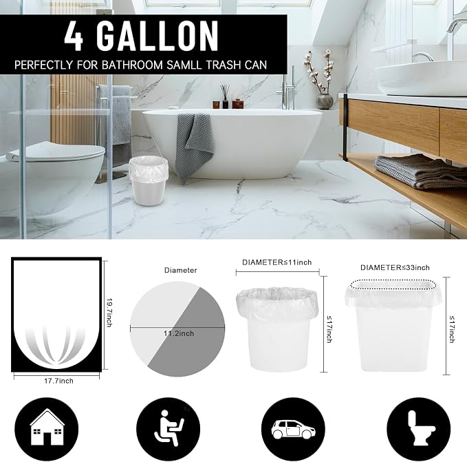 4 Gallon Small Trash Bags, 330 Ct Unscented for Bathroom & Office | Flexible & Durable Small Garbage Bags, Unscented & Easy Tearing 4 Gallon Trash Bag for Kitchen,Bedroom,Transparent,15L