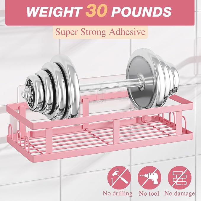 Youvip Shower Caddy, Pink, Adhesive No Drill Bathroom Organizer | Large Capacity, Rustproof Shelves, For Inside Shower, Bathroom Organizers and Storage