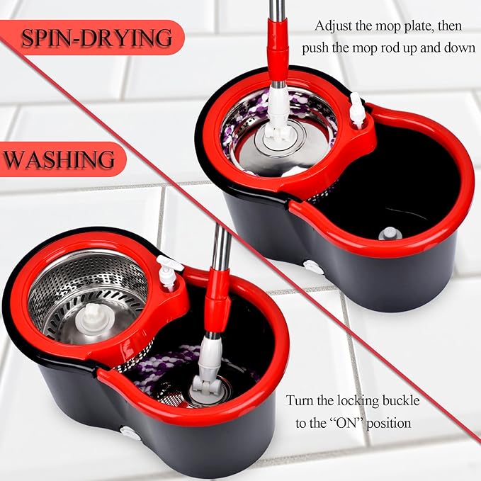 Spin Mop and Bucket with Wringer Set, 3 Mop Heads, 61" Adjustable Handle | 360° Spinning Mop Bucket System with 3 Microfiber Mop Heads & 61" Stainless Steel Adjustable Handle for Floor Cleaning