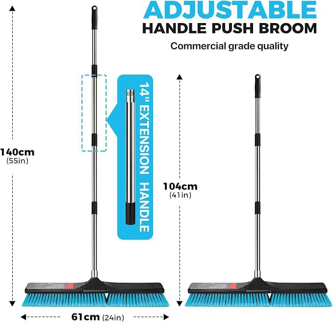 24" Push Broom Outdoor Heavy Duty, Commercial Push Broom for Cleaning, Blue | Industrial Broom with 55" Long Handle Stiff Bristles,Garden Brush Broom for Driveway Garage Yard Warehouse Floor Cleaning