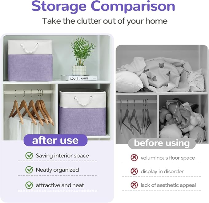 13x13 Inch Foldable Fabric Cube Storage Bins with Handles 6 Pack | Sturdy Metal Strand, Cardboard Support Molding, Storage Basket, Cube Storage Bin for Shelves, Closet, Bedroom, White/Purple