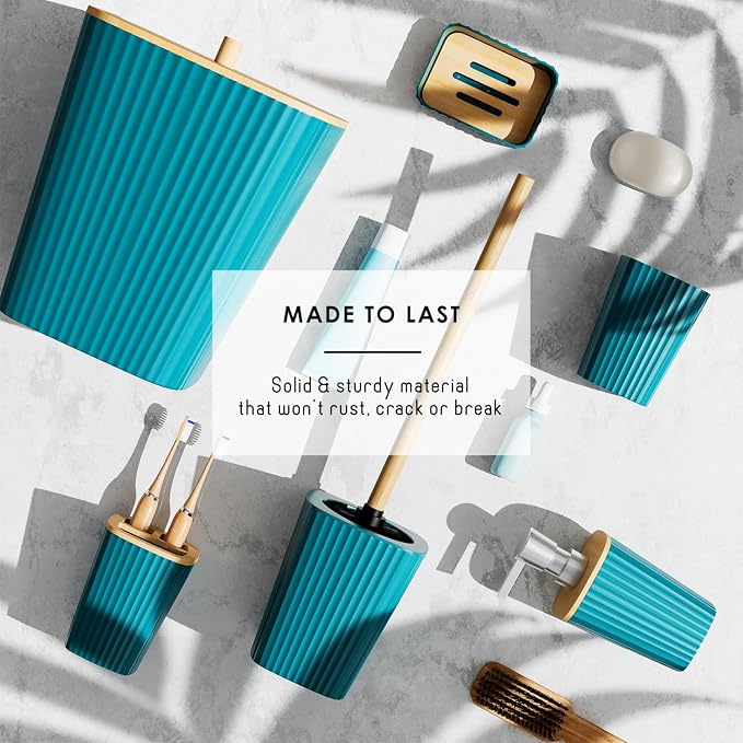Clara Clark Bathroom Set - Teal Bathroom Accessories Set, 6PC Bathroom Accessory Set, Bathroom Sets with Toilet Brush, Trash Can & Soap Dispenser